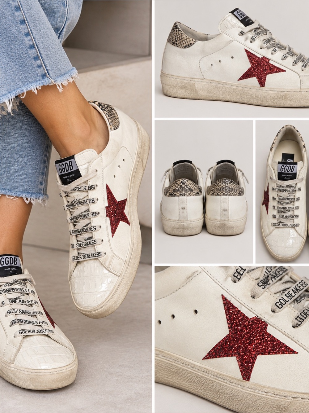 Golden Goose Cream Low-Top Sneakers with Red Star Authentic with COA